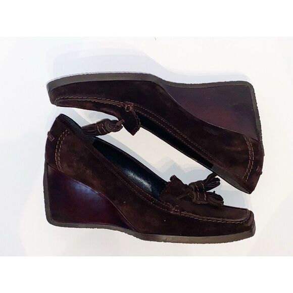 Stuart Weitzman Wedge Loafer Heel Suede Tassel Size 7 Classic Brown Y2K Retro - Picture 7 of 16